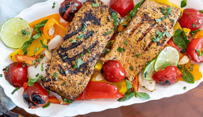 CHARCOAL GRILLED SALMON WITH FRESH HERBS AND GRILLED VEGETABLES