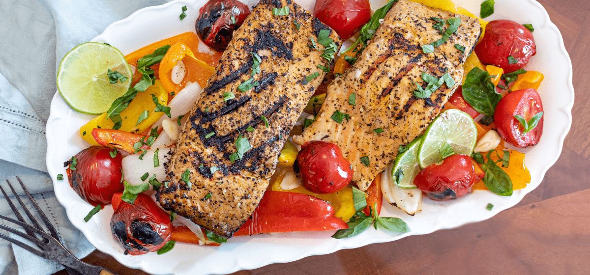 CHARCOAL GRILLED SALMON WITH FRESH HERBS AND GRILLED VEGETABLES